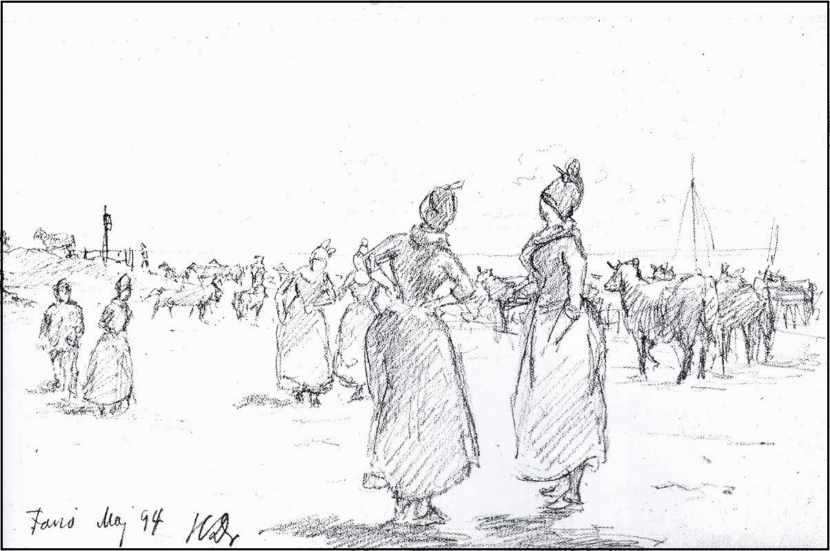 Fanøpiger har afleveret køerne til byhyrden på stranden ved Nordby - maj 1894